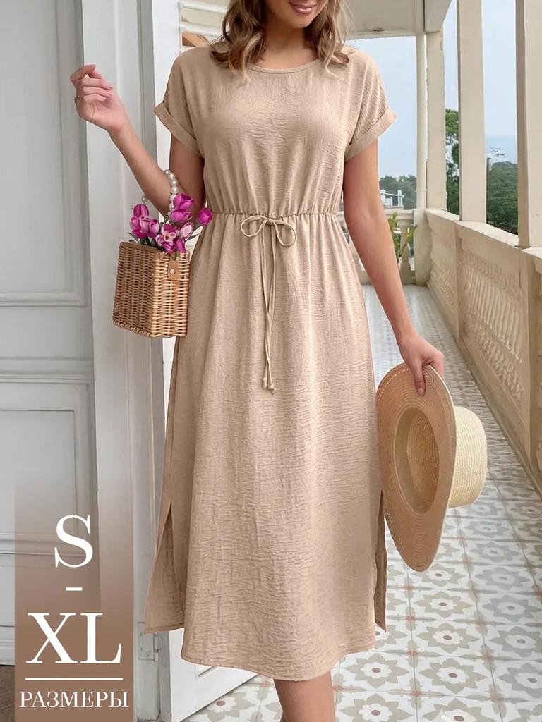 women's crinkle textured round neck drawstring waist short sleeve side split midi sundress summer casual beach dress