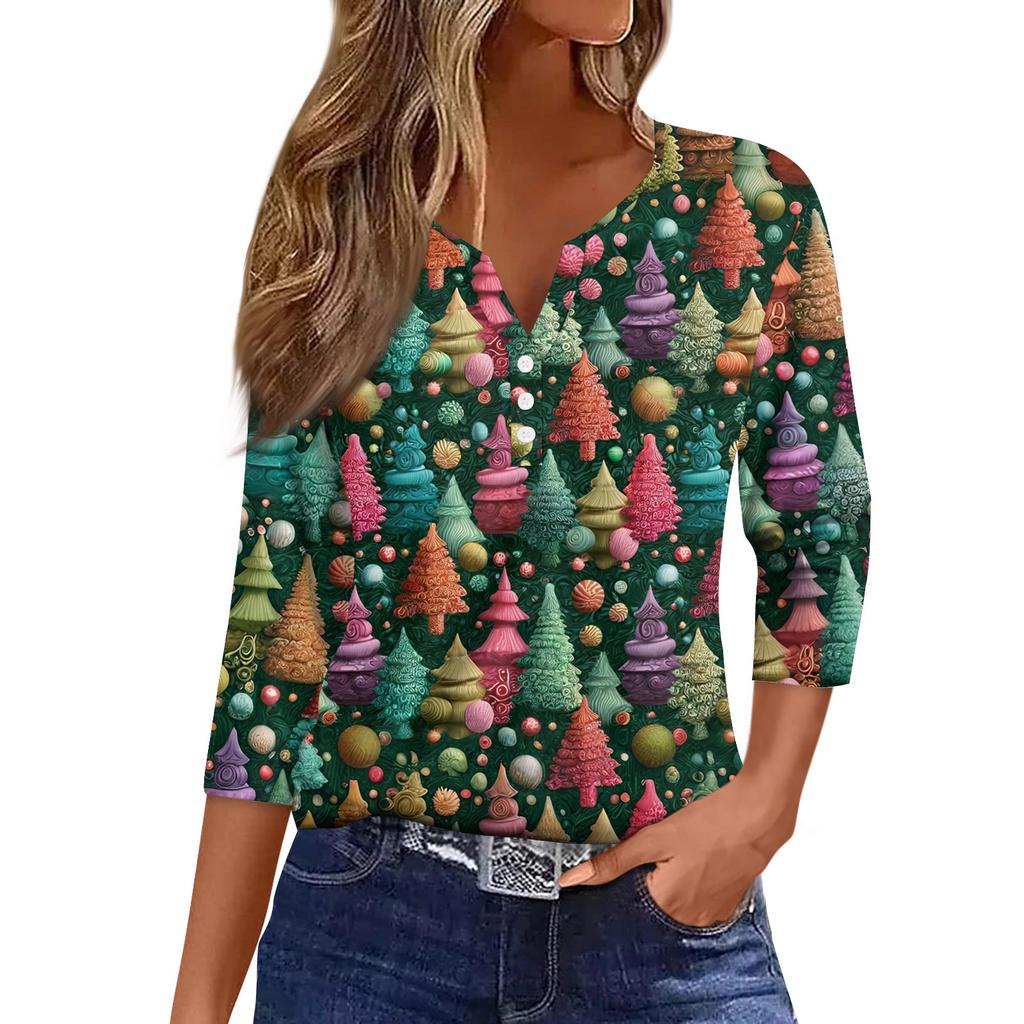 Women's T Shirt Christmas Print Button 3/4 Sleeve Daily Weekend Fashion Basic V- Neck Regular Top
