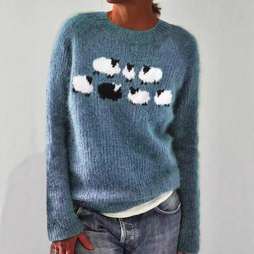 Europäischer & Amerikanischer Damen Lockerer Farbblock Rundhals Mode Pullover