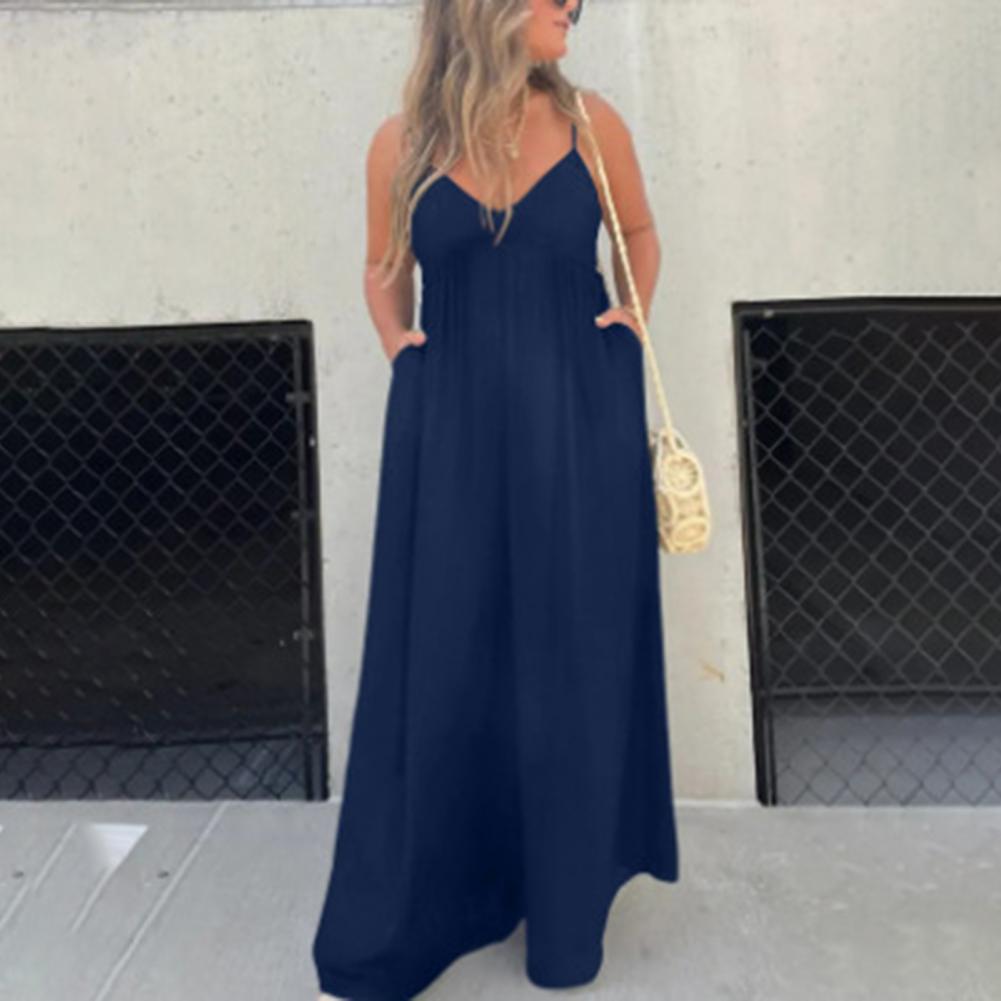 Summer Women Jumpsuit Deep V-Neck Sleeveless Backless Wide Leg Comfortable Fit Pure Color Pleated Spaghetti Strap Leisure Vacation Beach Lo