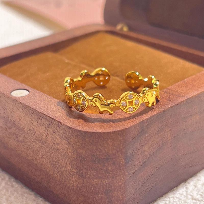 Xiaohongshu Zodiac Copper Coin Horse Ring - New Year s Chinese Style Open Ring for Women Adjustable Open Size