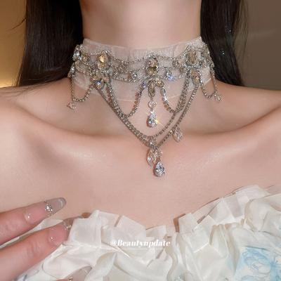 French Retro Super Flash Lace Diamond Crystal Flower Necklace Light Luxury High Sense Princess Style Neck Chain Choker Woman