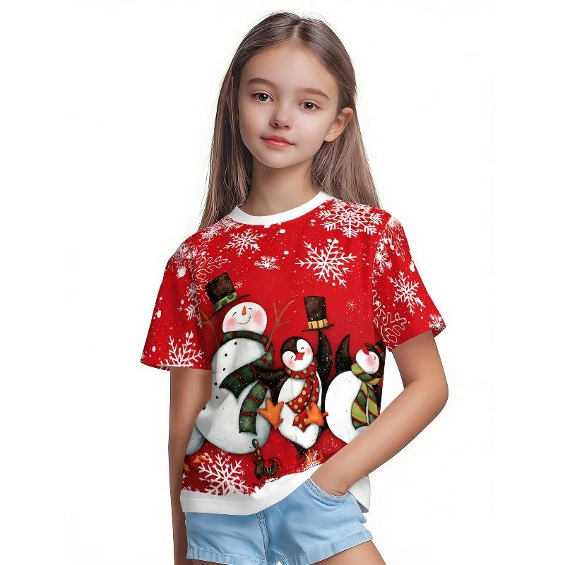 T-Shirt Girls 3D Printed Christmas Featuring Santa Claus Short Sleeve O Neck Casual Christmas Clothes Girls Top