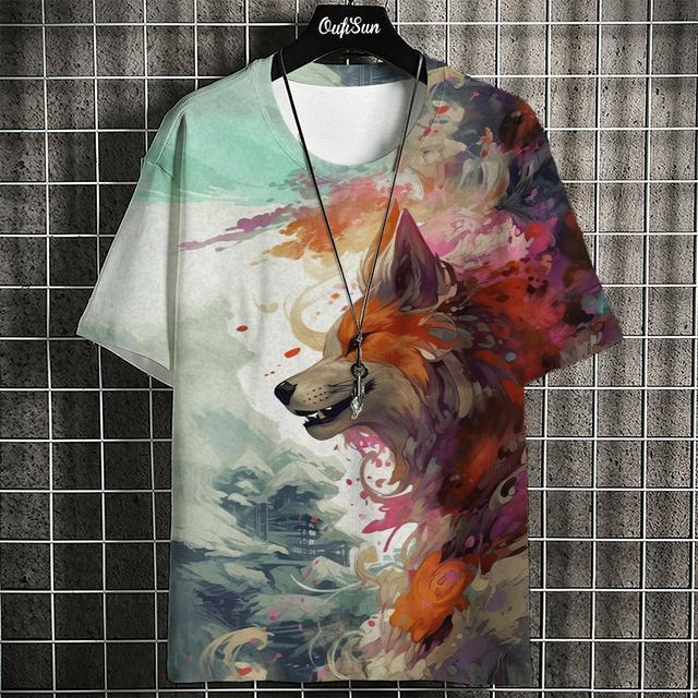 Camiseta Estampada de Gato de Anime de Dibujos Animados Para Hombre Camisetas Japonesas Camiseta de Lobo Tops Hip Hop para Exterior Ropa Camisetas Casuales Sueltas de Manga Corta