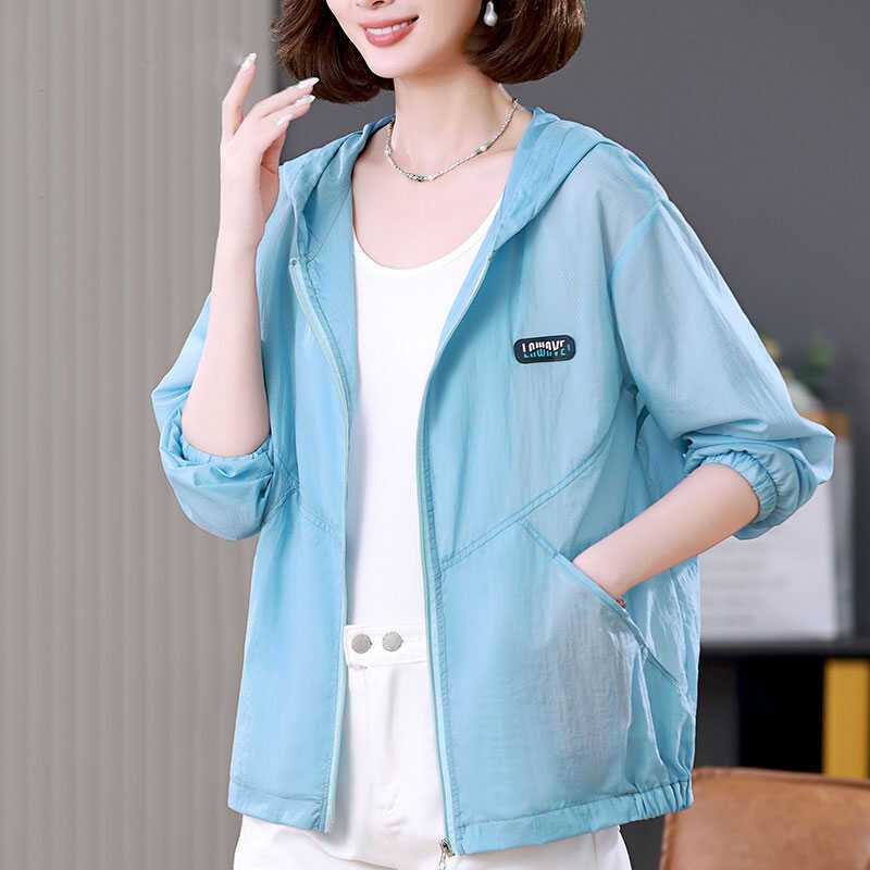 Plus Size Damen Loose Printing Kapuzenjacken Casual Spring Oberbekleidung Dünne Sonnenschutzkleidung Sommer Mutter Basic