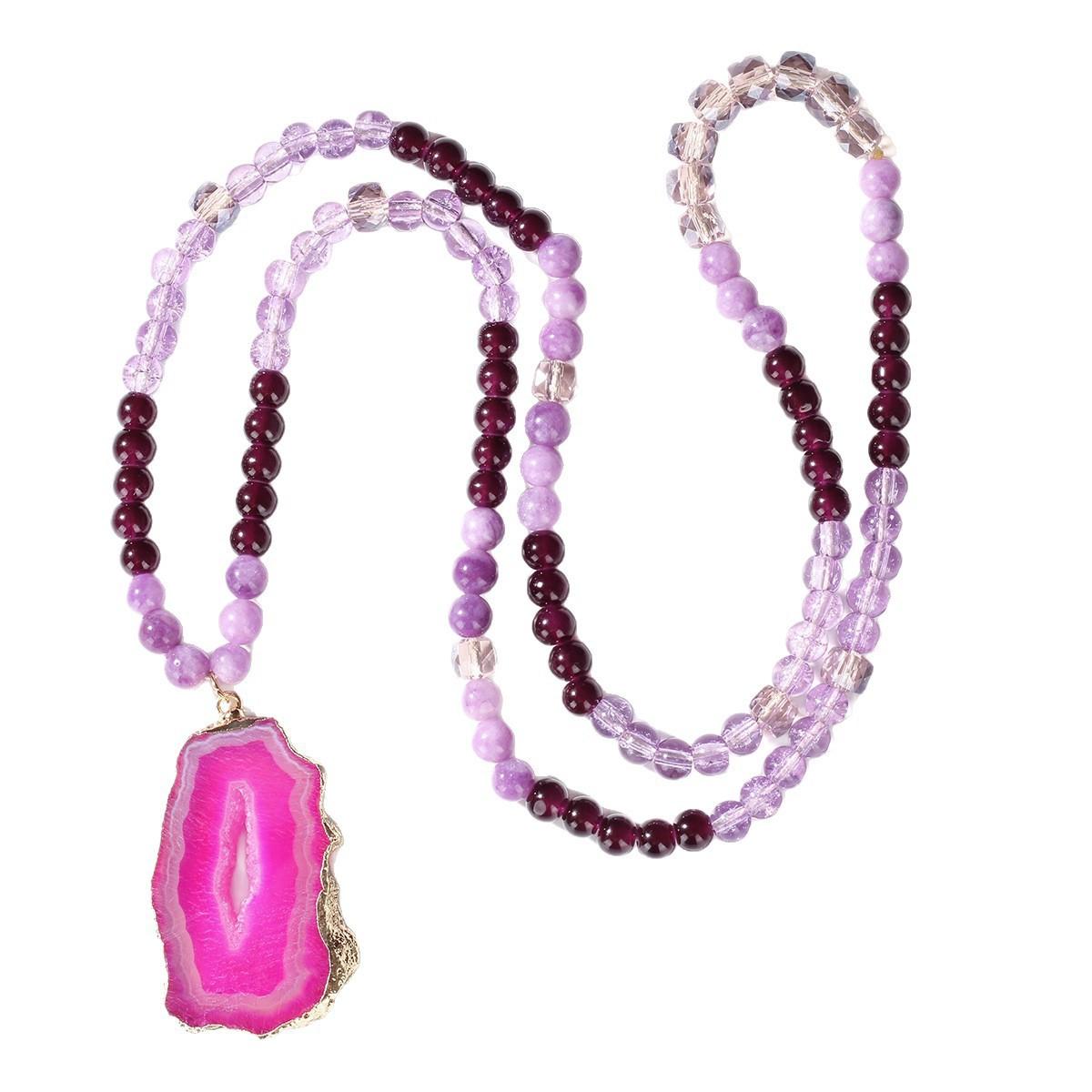 Wjg Pretty Women's Beaded Necklace Long Amethyst Sweater Chain Agate Pendant Necklace Jewelry Sweater Chain