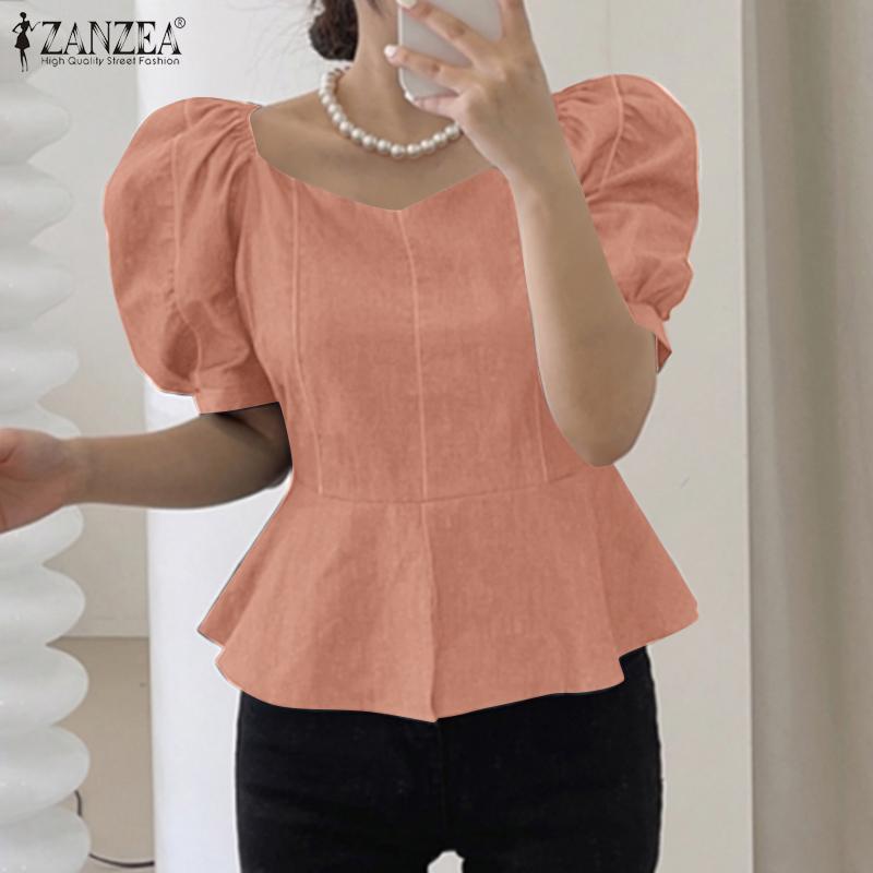 ZANZEA Womens Casual Round Neck Puff Sleeve Solid Color Loose Blouse
