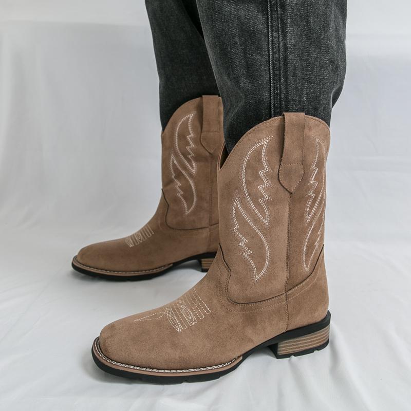 Neue Western Herren Cowboy Stiefel Vintage Mittelhohe Motorradstiefel Mode Wildleder Herren Stiefel Outdoor Freizeit Reitstiefel