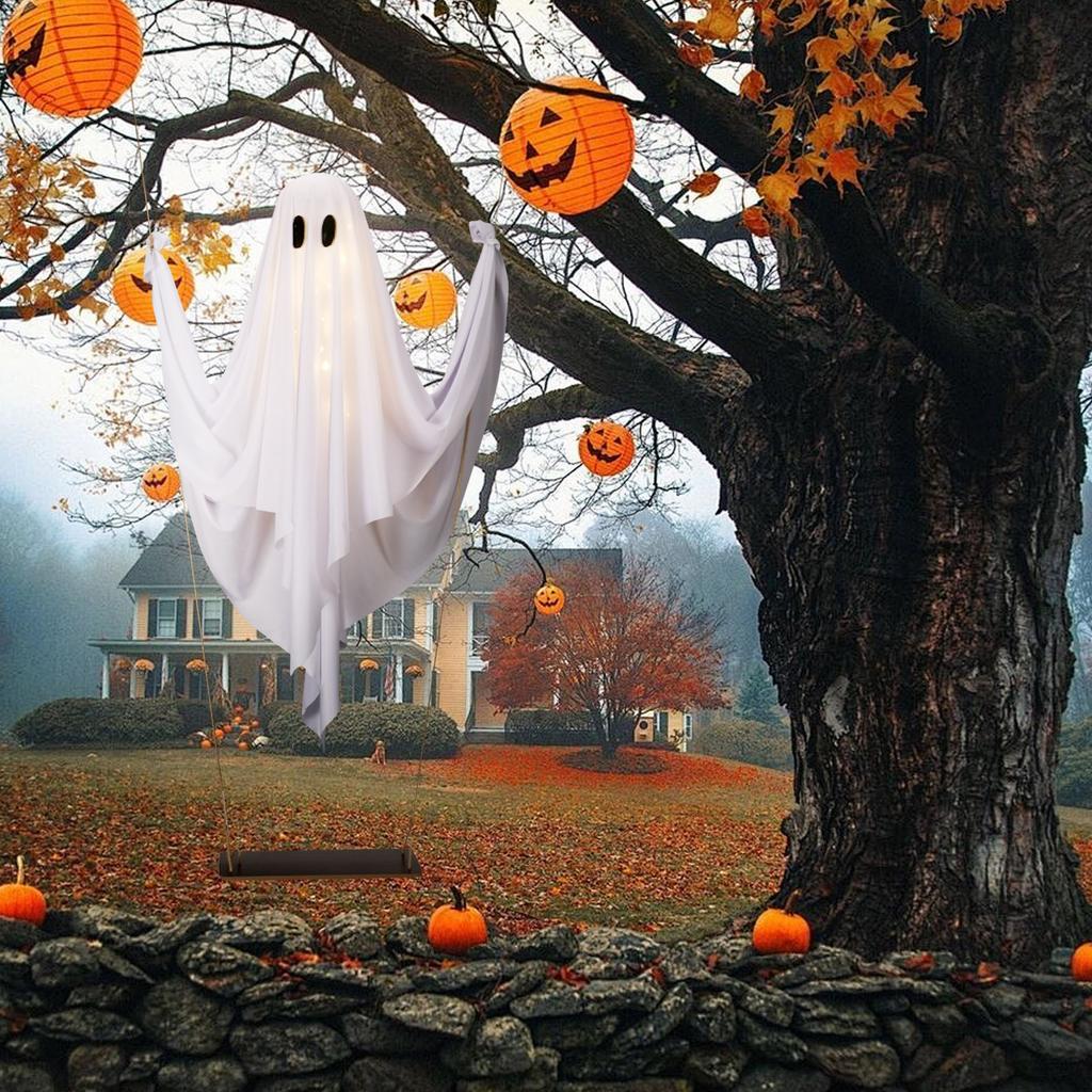Halloween Outdoor Decoration - 5ft Large Hanging Swing Halloween Decoration With String Lights - Scary Cute Decoration For Front Porch Patio Tree
