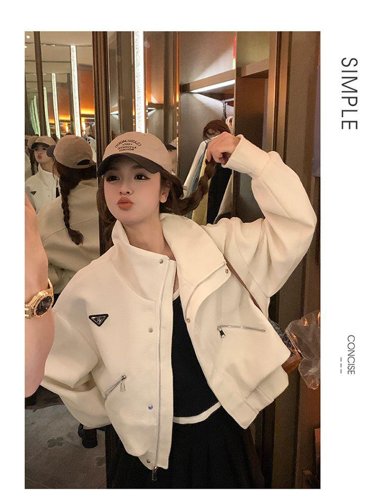 Plus Size Women's College Style Stand-Up Collar Autumn Jacket - Loose Fit, Niche Design