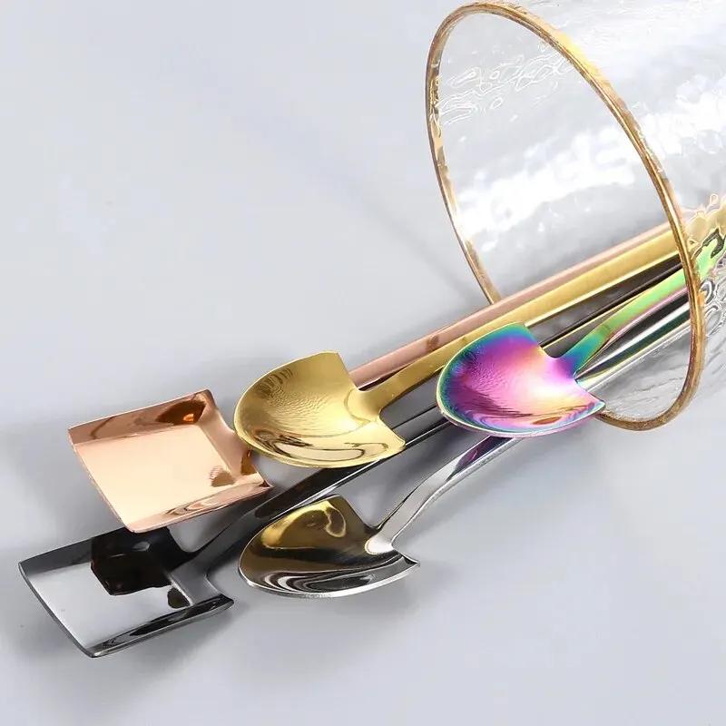 2pcs/set 304 Stainless Steel Long Handled Spoon Household Shovel Shaped Dessert Spoon Coffee Mixing Spoon