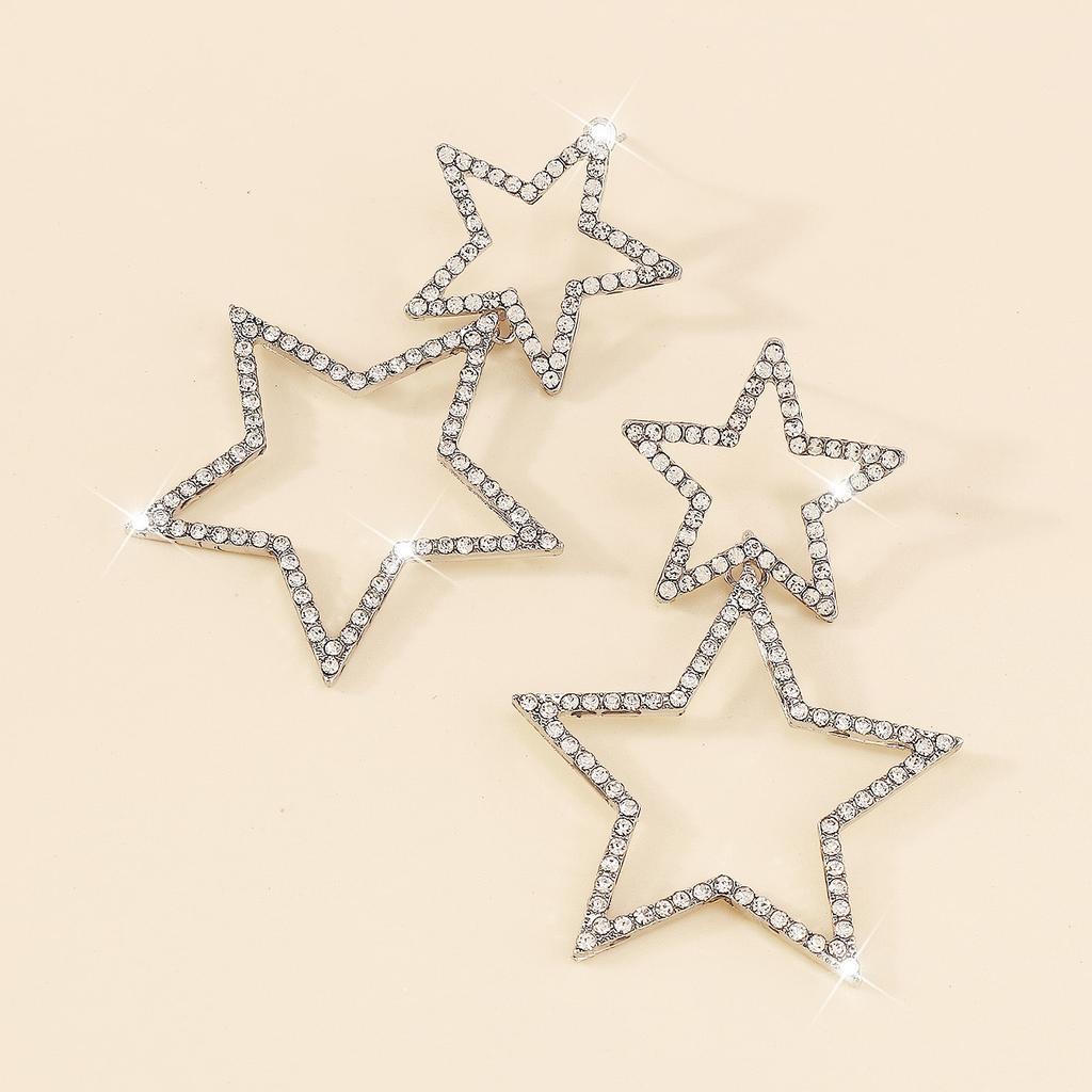 Shining Two Different Sized Hollow Star Dangle Earrings Inlaid Rhinestones Fashionable Ear Jewelry Perfect Accessory for Women Daily Glam