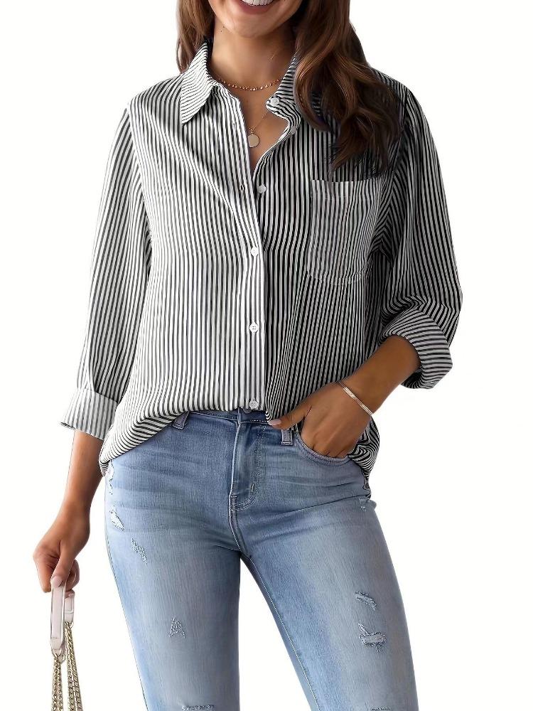 Women's Casual Loose Long Sleeve Striped Cardigan Shirt New