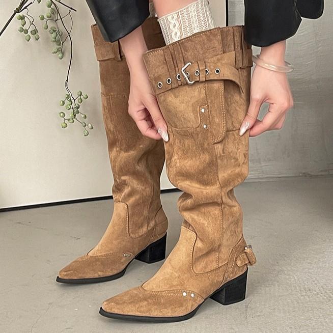Fashion Niche Design Pointed Boots Big Tube Circumference High Heel Stacking Boots Retro Slim Women's Western Fashion Boots