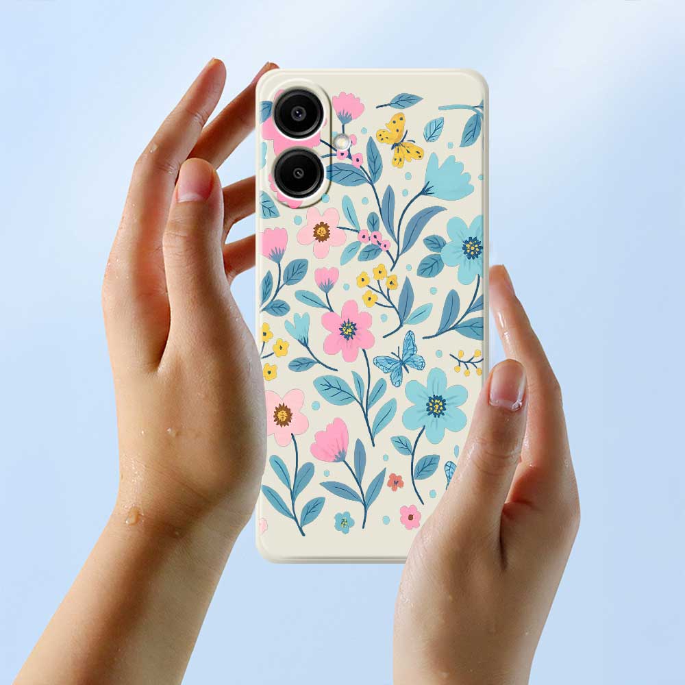 For Samsung Galaxy A07 4G Case Blue Pink Flowers Pattern Printing Straight Edge TPU Phone Back Cover