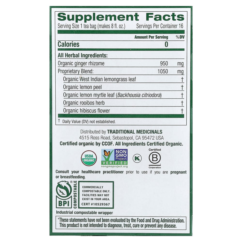 Traditional Medicinals Lemon Ginger Caffeine-Free Herbal Tea, 16 Wrapped Tea Bags