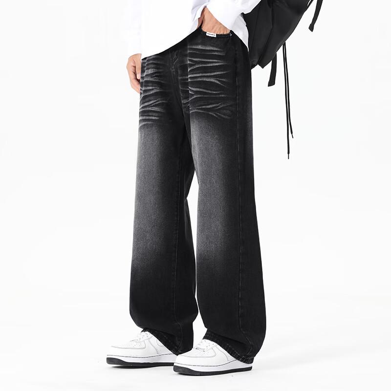 Fingercroxx Men's American Retro Washed Whisker Straight-Leg Jeans