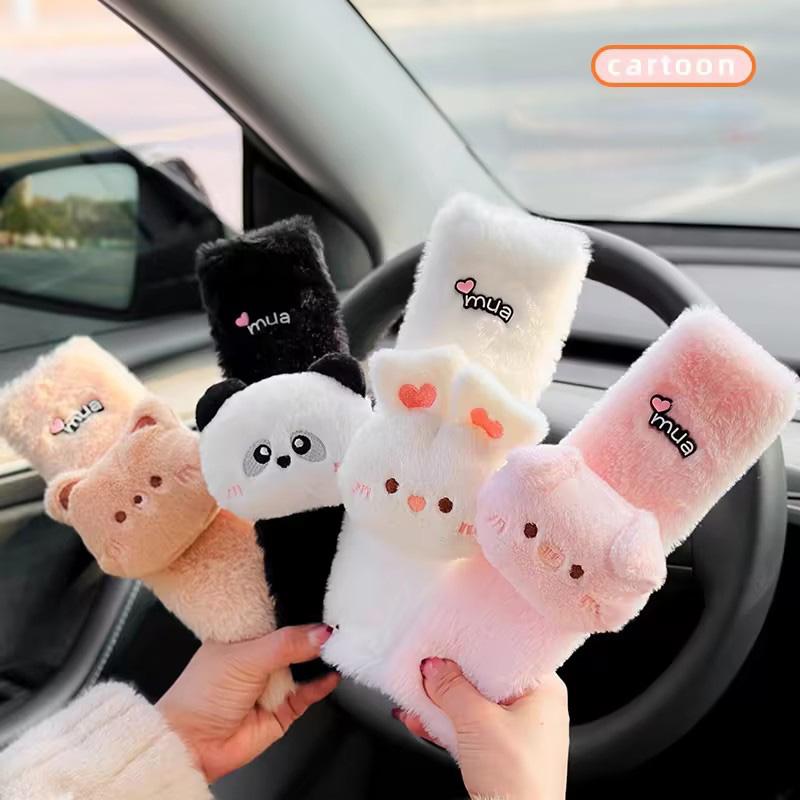 2pcs High Quality Long Plush Car Seat Belt Cover Cute Cartoon Panda Bear Imitation Rabbit Auto Safety Shoulder Pad Decrotion