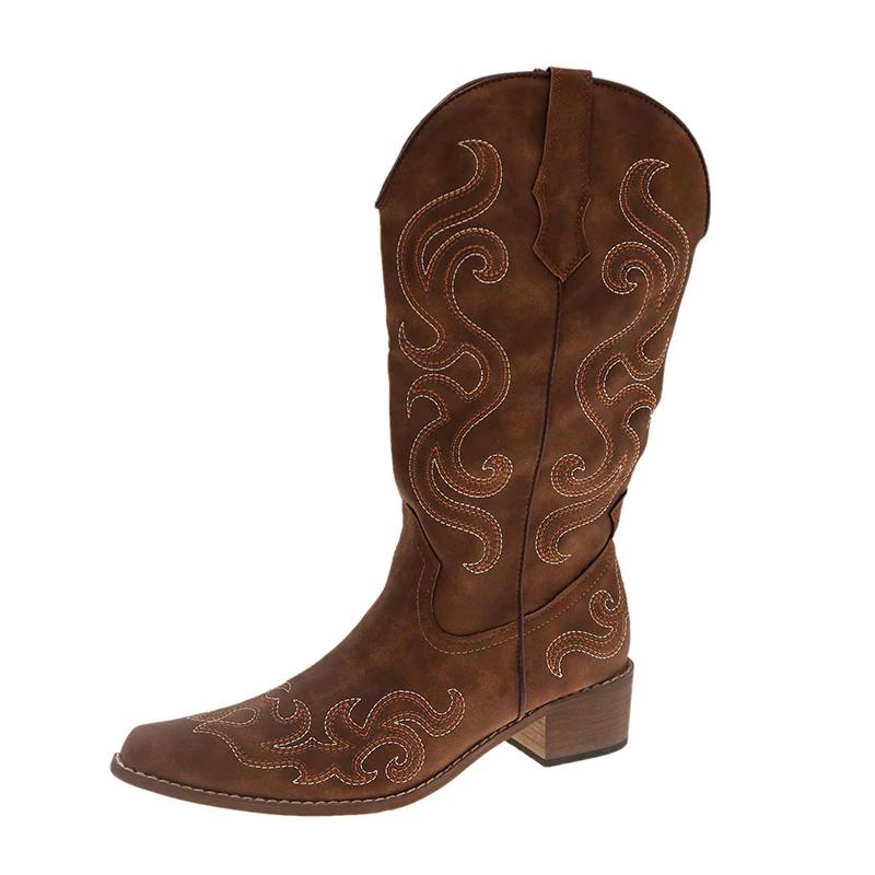 Autumn Winter Vintage Women Western Cowboy Boots Slip On Thick Heel Shoes Fashion Embroidery Knight Long Botas