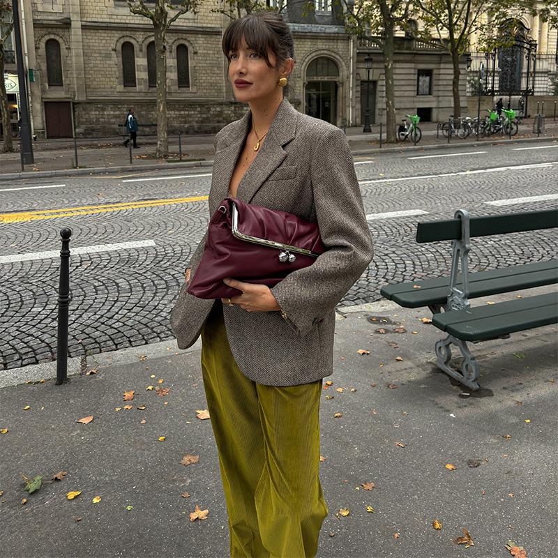 Vintage Lapel Herringbone Suit Coats Women Casual Single-Breasted Pockets Jackets Coat Lady Autumn Chic High Street Outwear