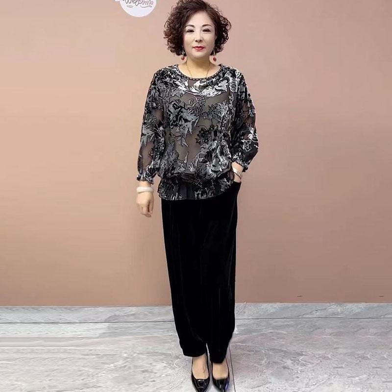 2PCS Pants Suts Spring Summer High-end Women's Printed Plus-Size Silk Blouse Velvet Pants Two-Piece Set Loose Flocked Velvet Blouse Velvet Pants Set