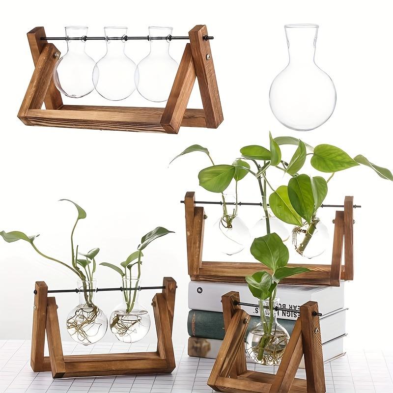 Hydroponic Vase Glass Transparent with Wooden Stand Creative Simple Desktop Green Plant Cultivation Container Home Decoration Or