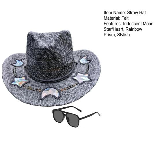 Solvanger Cowgirl Stråhatt Prismatisk Hatt med Bred Brem Vestlig Cowboyhatt med Iridescent Måne Stjerne/Hjerte Håndvevd Sol Strandhatt med Solbriller for Kvinner