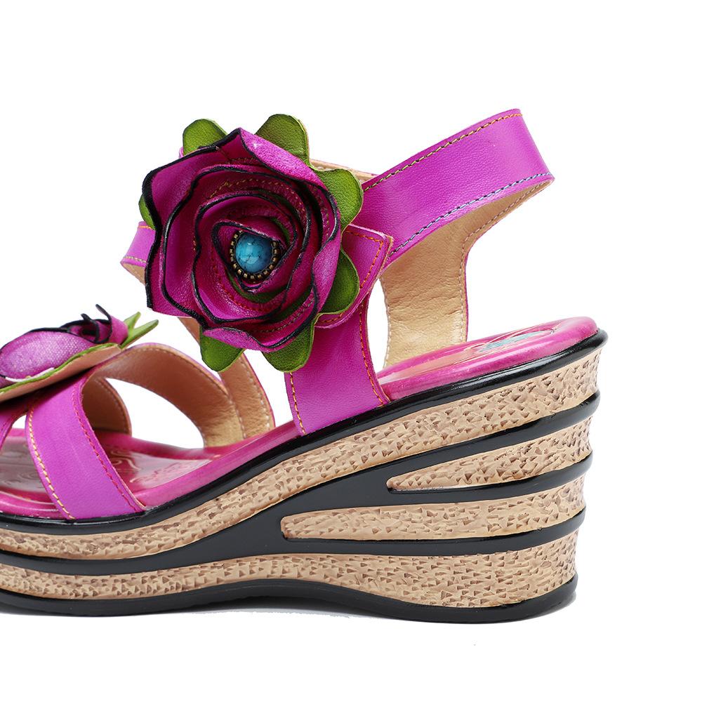Johnature Vintage-Blumen-bequeme Sommer-Wedges-Sandalen aus echtem Leder, handgefertigt, ethnischer Stil, Damenschuhe
