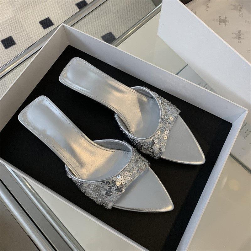 Fish Mouth Slippers Women's Rhinestone Shoes Pointed Fashion Black Beach New Sandals Sequins High Heels Silver Sandals