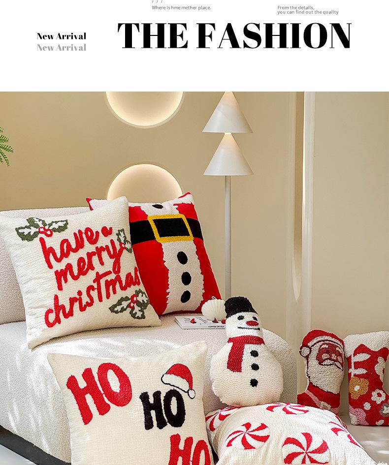 Christmas Embroidery Candy Cane & Santa Hat Tufted Throw Pillow Cover