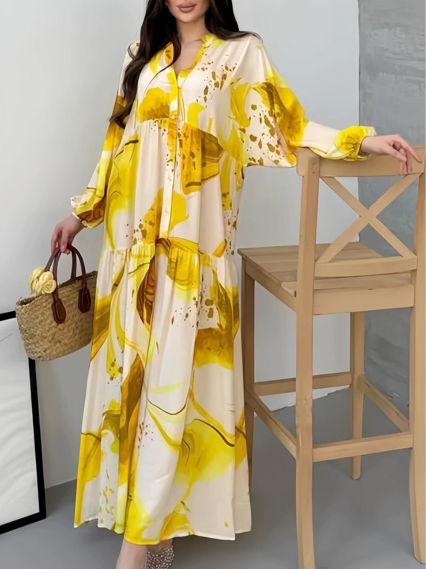 

V-neck Long Sleeve Casual Printed Dress XL жовтий