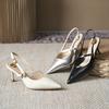 Silver Diagonal Belt Design Fairy Temperament Pointed Head Thin Heel High Heel Single Shoes One Word Bag Head Sandals Summer