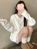 Women's Autumn Lace-Trim V-Neck Long Sleeve Fleece-Lined Loose Shirt