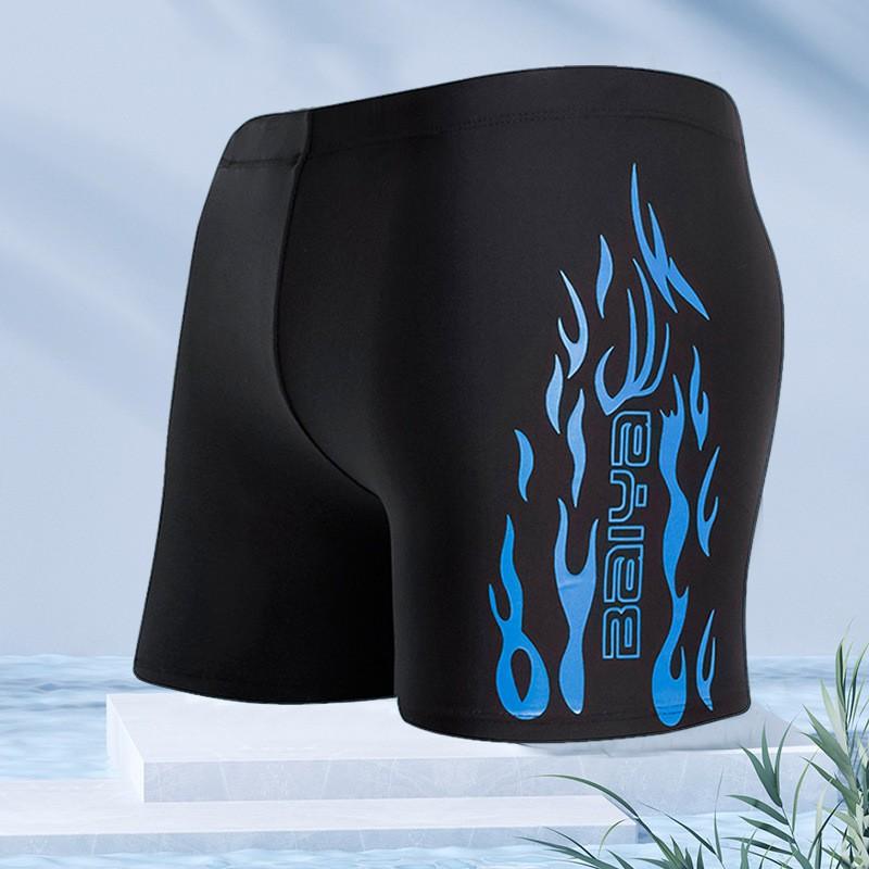 Mens Flame Print Loose Fit Boxer Style Swimming Trunks Quick Dry Nylon Swimwear Pool Beach Surfing