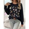 Women Heavy Flower Embroidery Crew Neck Long Sleeve Loose Knit Pullover Sweater