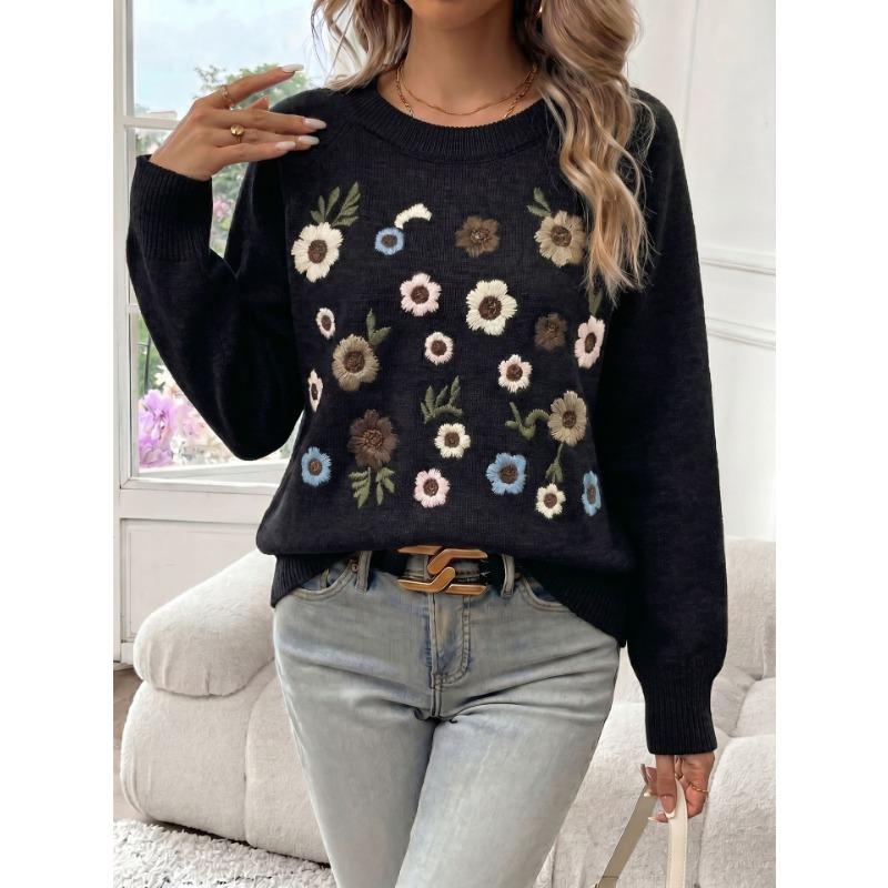 Women Heavy Flower Embroidery Crew Neck Long Sleeve Loose Knit Pullover Sweater