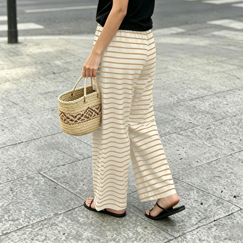 Women's Casual Striped Drawstring Wide Leg Pants - Elastic Waist, Soft & Comfortable Fit