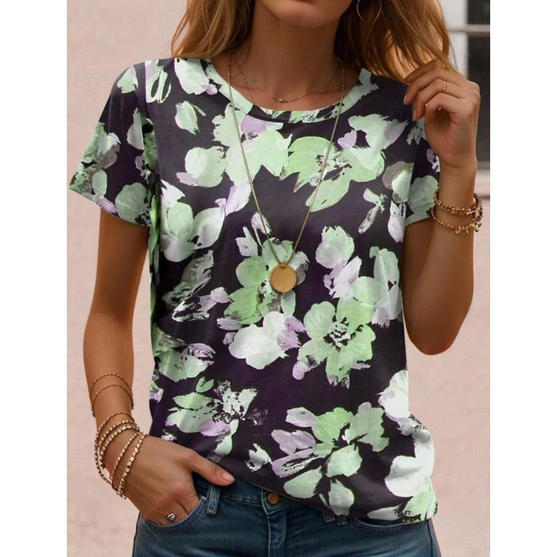 Fashion Artistic Flower Pattern T-Shirt Women Summer Leisure Graphic Tee Female Casual Elegant Short Sleeved Round Neck Tee Tops