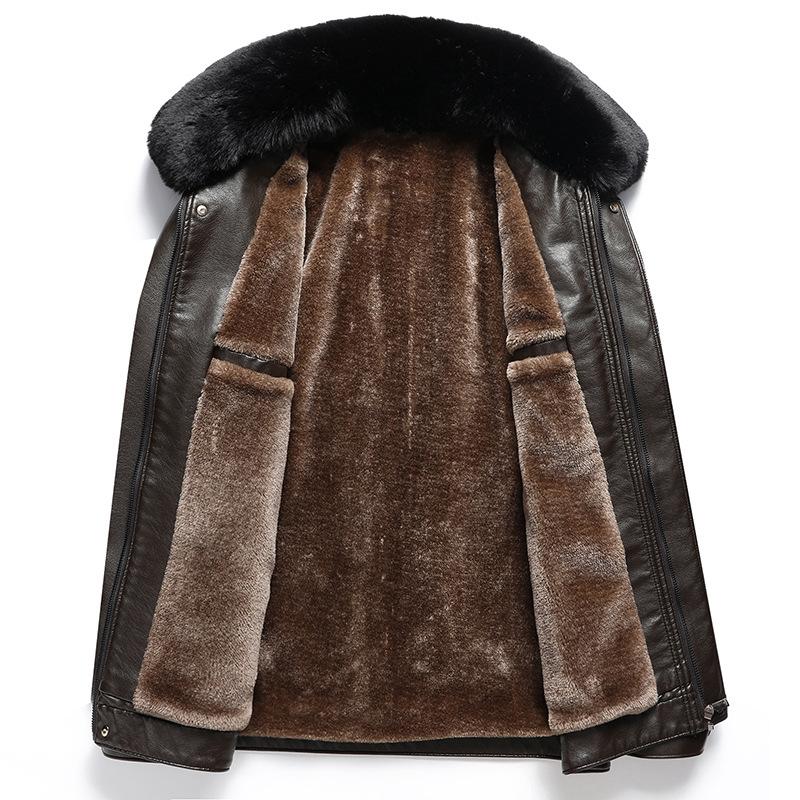 Jaqueta de couro masculina de inverno, casual, de negócios, com lapela, quente e lã, com pele integrada, jaqueta de couro