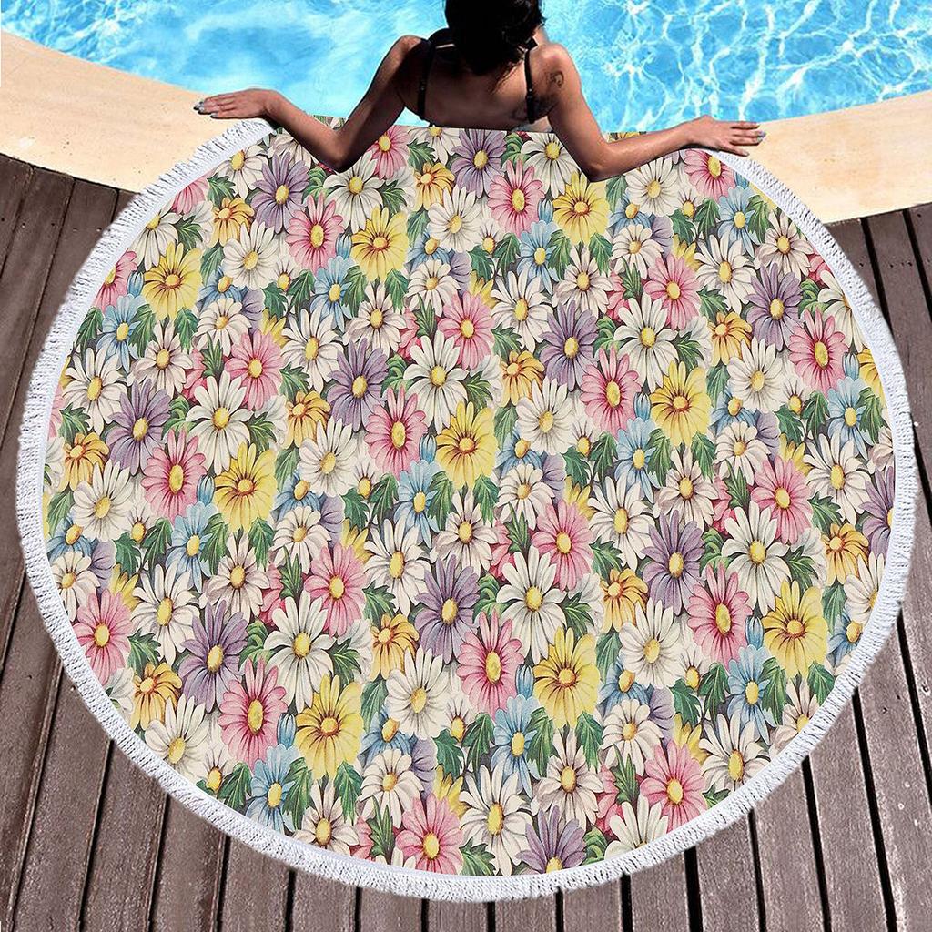 Botanical Floral Round Beach Towel Boho Flower Farmhouse Beach Blanket Pool Towels For Picnic Soft Sand Free Absorbent Yoga Mat