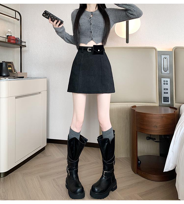 High-Waist Plus Size Korean Style PU Suede A-Line Skirt with Belt Bag - Spring/Autumn Women's Short Skirt