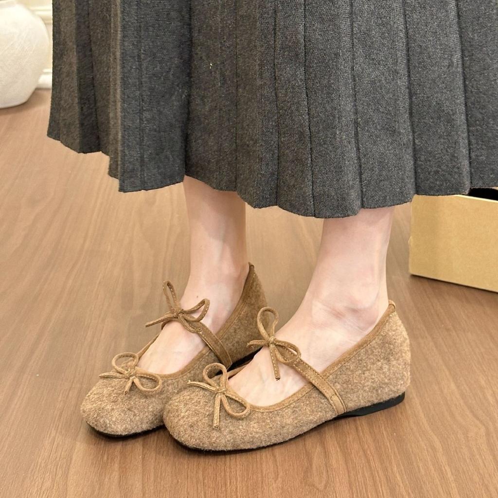 Gray's sweet girl retro woolen round head bow Mary Jane shoes women's autumn height-increasing short boots
