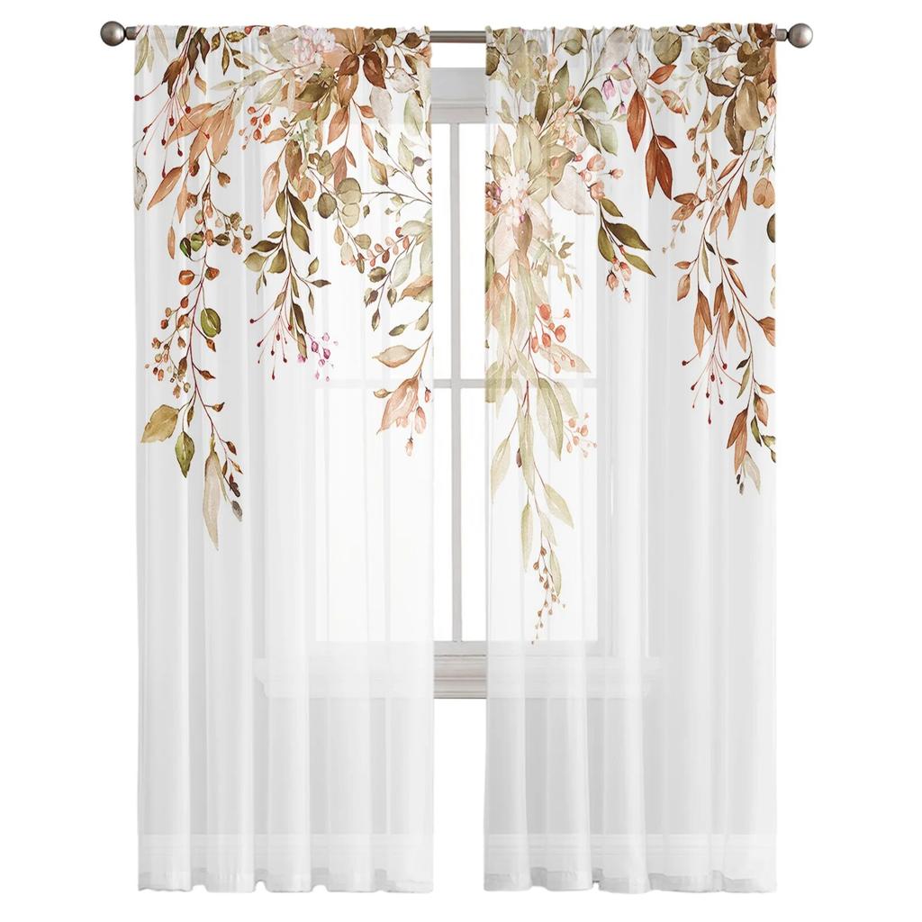 Thanksgiving Plants Farm Leaves Sheer Curtains Holiday Decoration Living Room Bedroom Window Voile Tulle Curtain