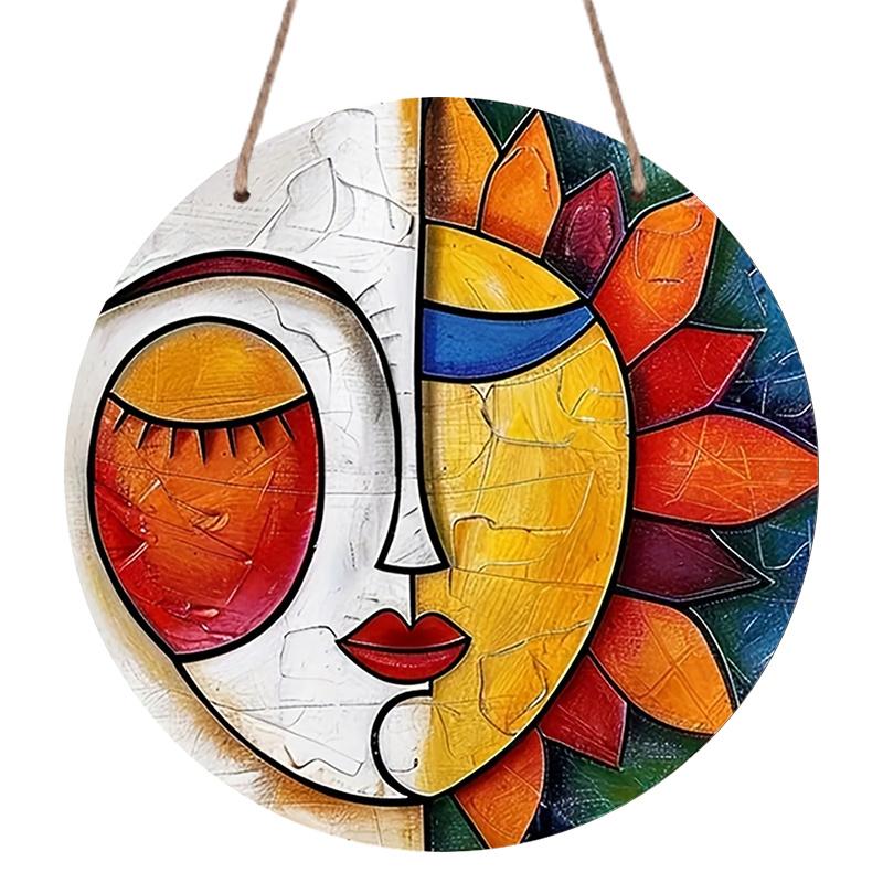 2D Flat, 1pc Abstract Sun and Moon Metal Wall Art - Retro Bohemian Aluminum Wall Decor, Waterproof & Weather-Resistant HD Print Textured Sun & Moon 7.87×7.87inch