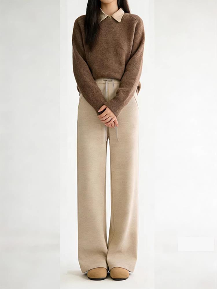 Spring Women's Silk Wool Wide-Leg Knit Pants: Loose, Drapey, Elastic, Soft, Double-Sided Texture.