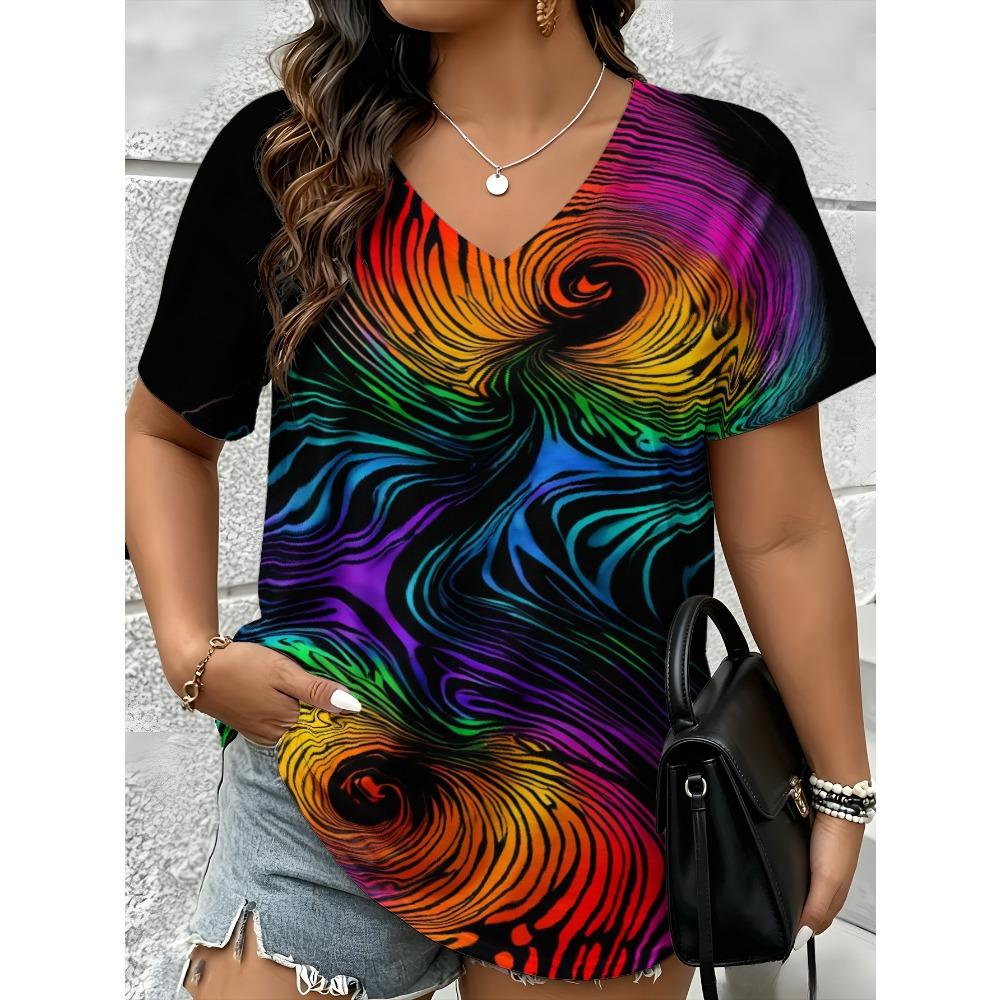 Summer Fashion Vintage Stripes 3D Personality Printed T-shirt Women's Loose Comfortable Soft Breathable V-neck Short Sleeved T-shirt