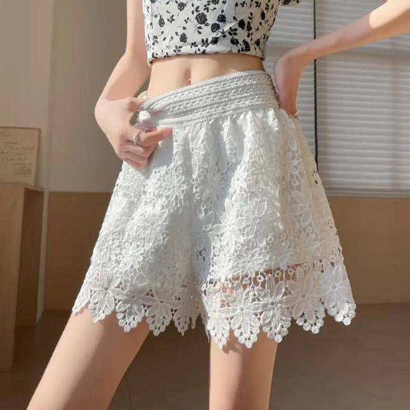Women Crochet Lace Shorts High Waist Scalloped Hem Casual Summer Shorts S