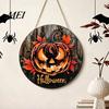 Rustic Fall Wall Plaque Halloween Wooden Door Hanger Sign, Flame Pumpkin Maple Leaf Printed Round Hanging Plaque, Vintage Style Holiday Sign