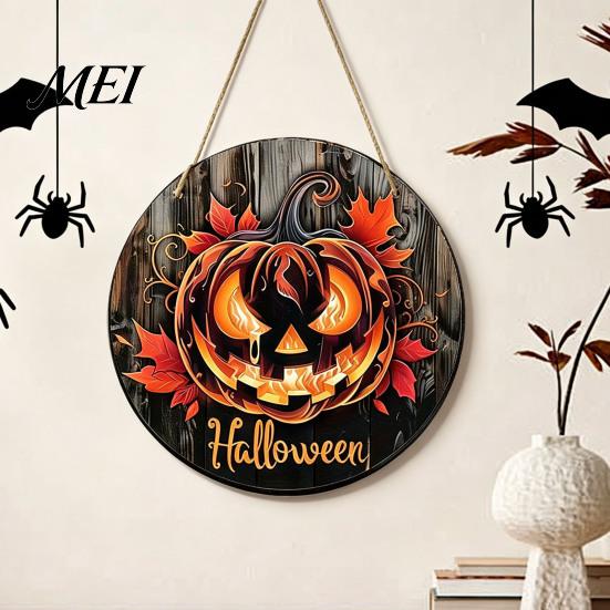 Rustic Fall Wall Plaque Halloween Wooden Door Hanger Sign, Flame Pumpkin Maple Leaf Printed Round Hanging Plaque, Vintage Style Holiday Sign