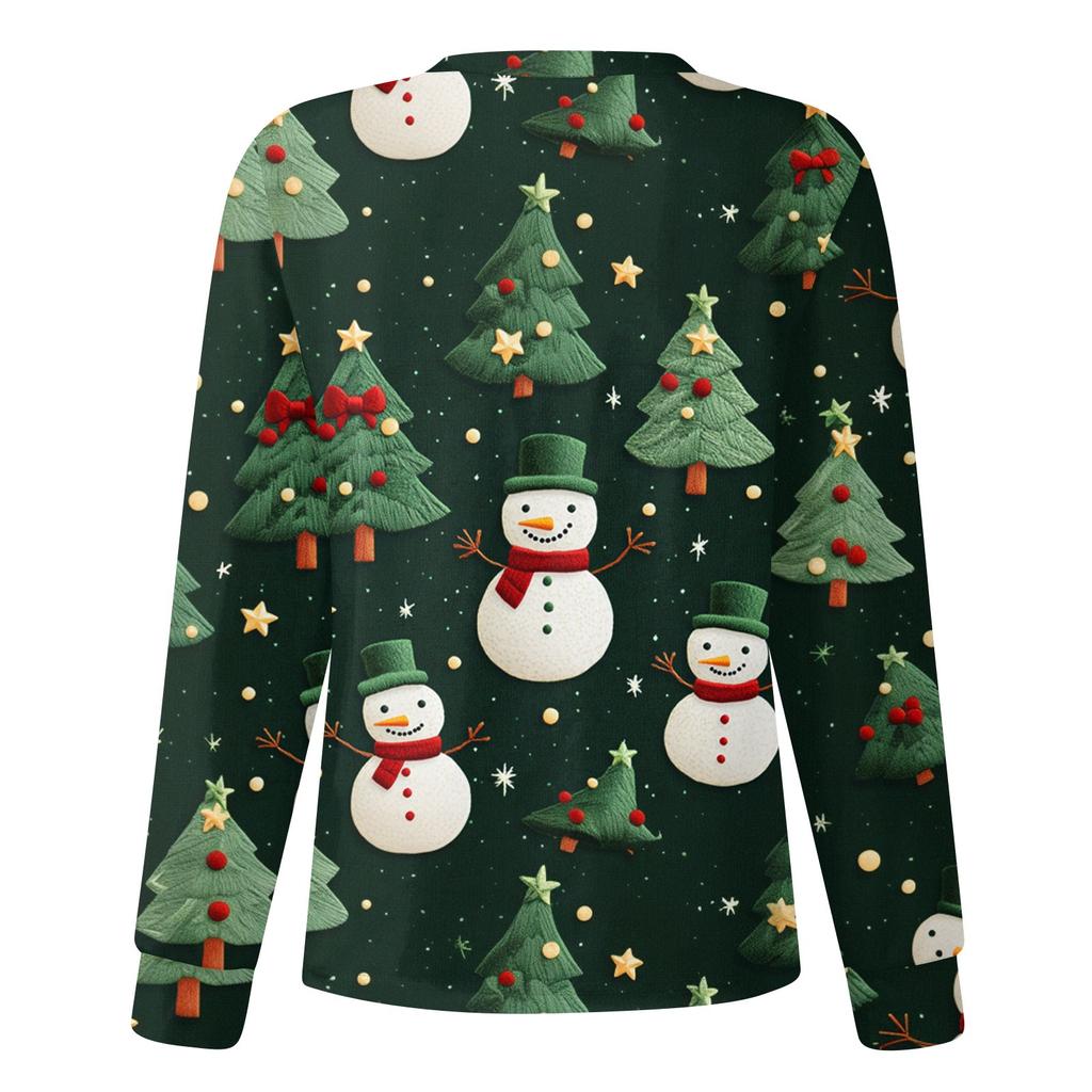Women Long Sleeve Pattern Tops Pocket Working Stand-up Collar Single-breasted Protective Overalls Jacket Top Christmas